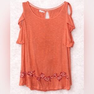 Maurices Coral Cold Shoulder Top Floral Hem Boho Blouse Size Small